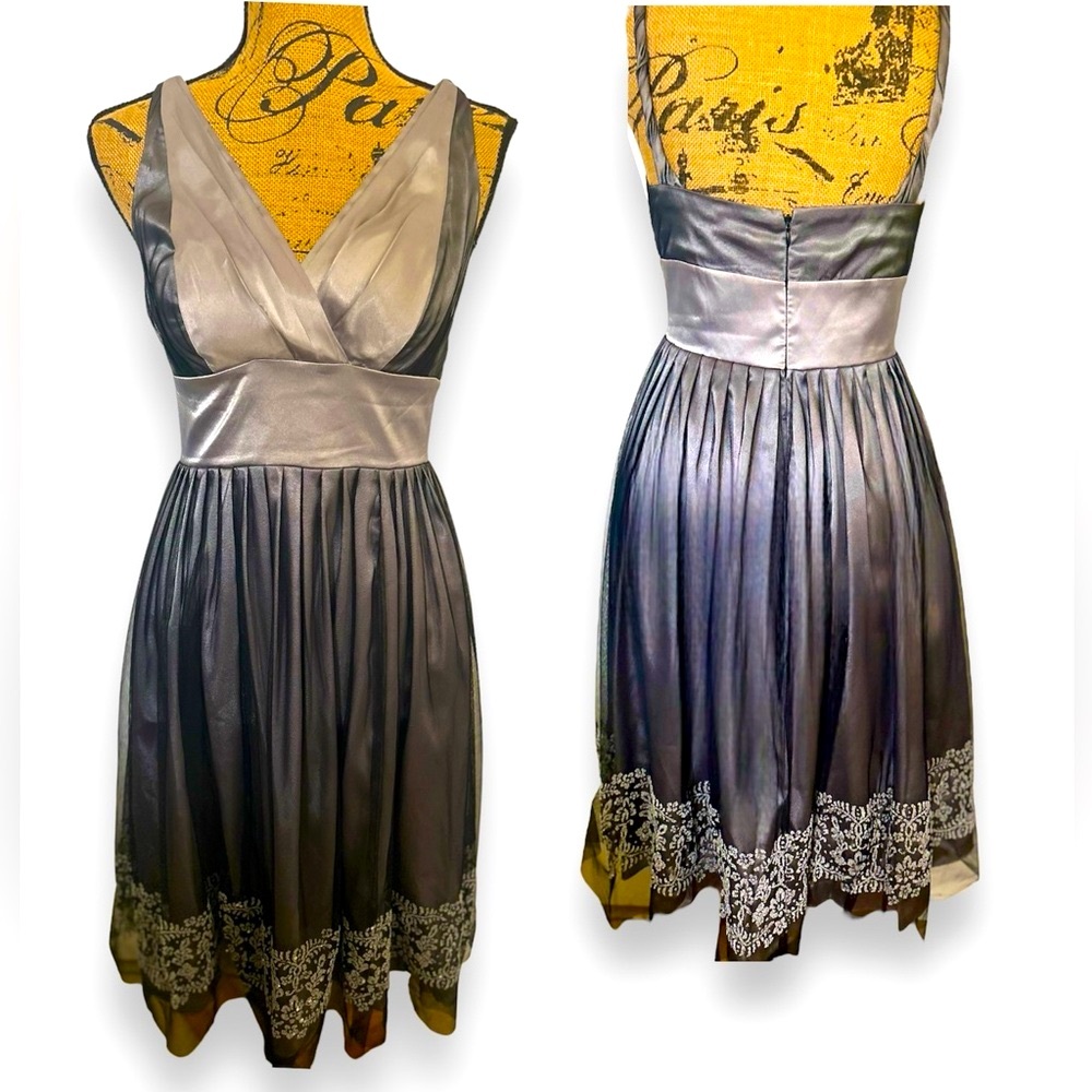 NightWay Elegant Black & Silver Chiffon Lace & Satin A-Line Low Cut Dress Size 6